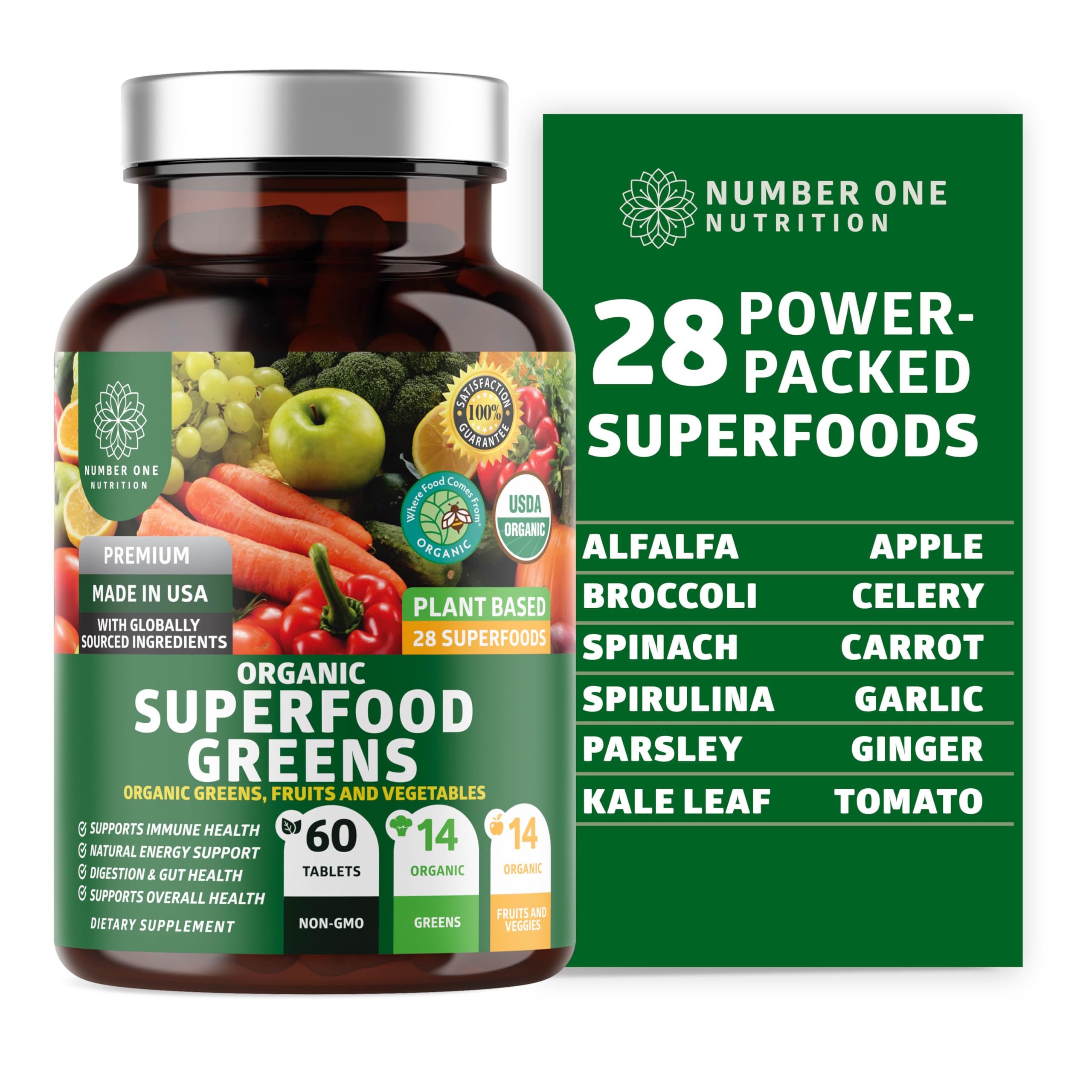 Front view of USDA Organic Superfood Greens bottle with 60 tablets