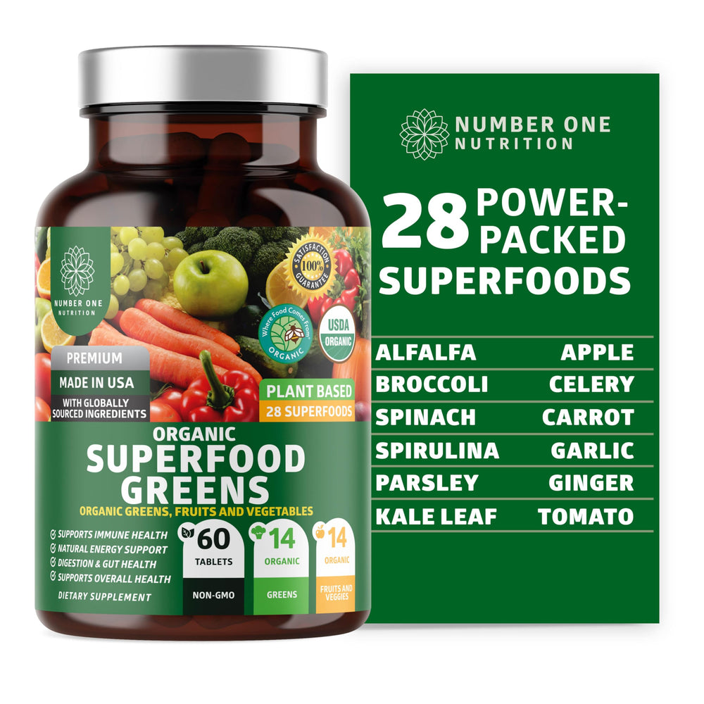 Front view of USDA Organic Superfood Greens bottle with 60 tablets