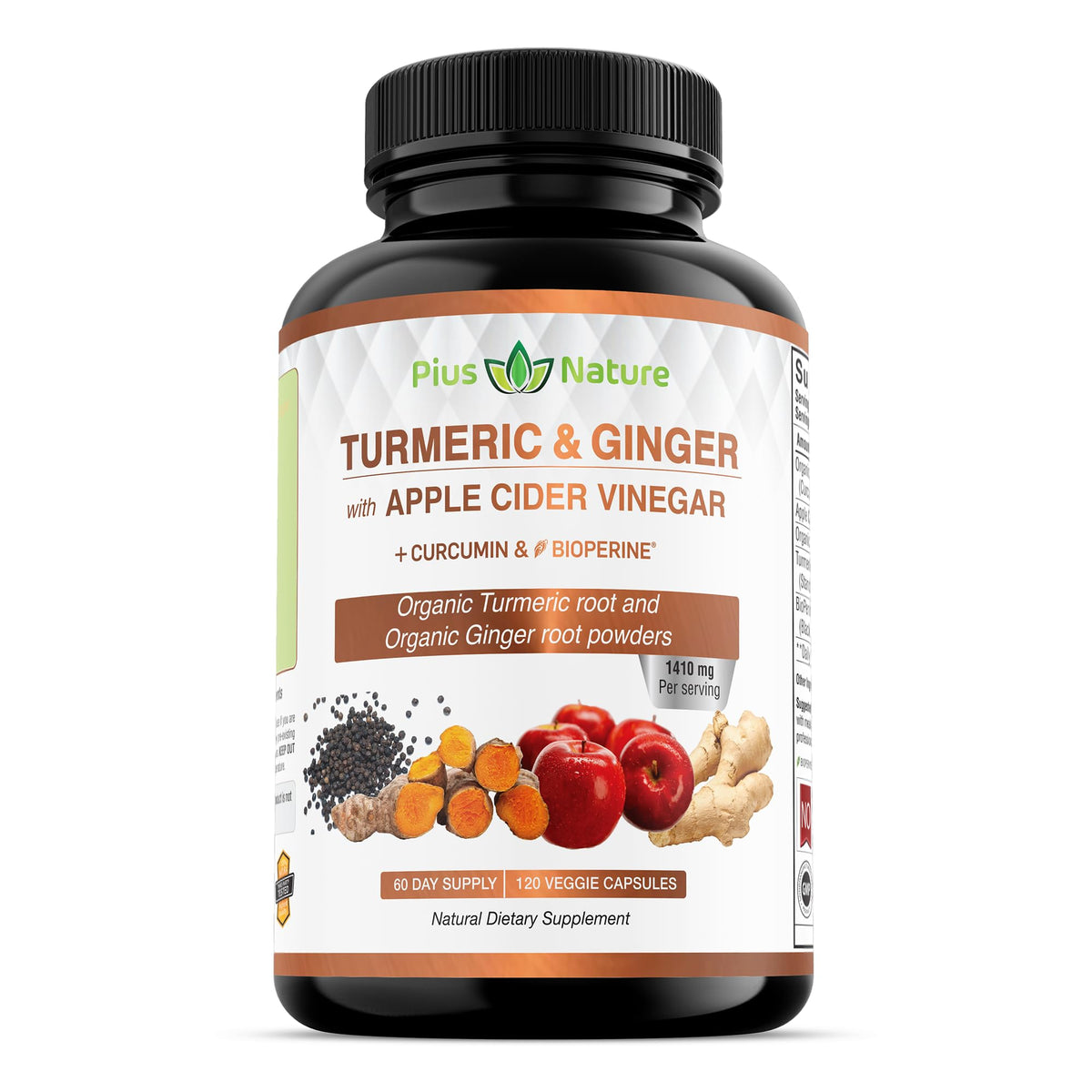 Vegan capsules containing USDA Organic Turmeric Root Powder, Ginger Powder and Apple Cider Vinegar Powder