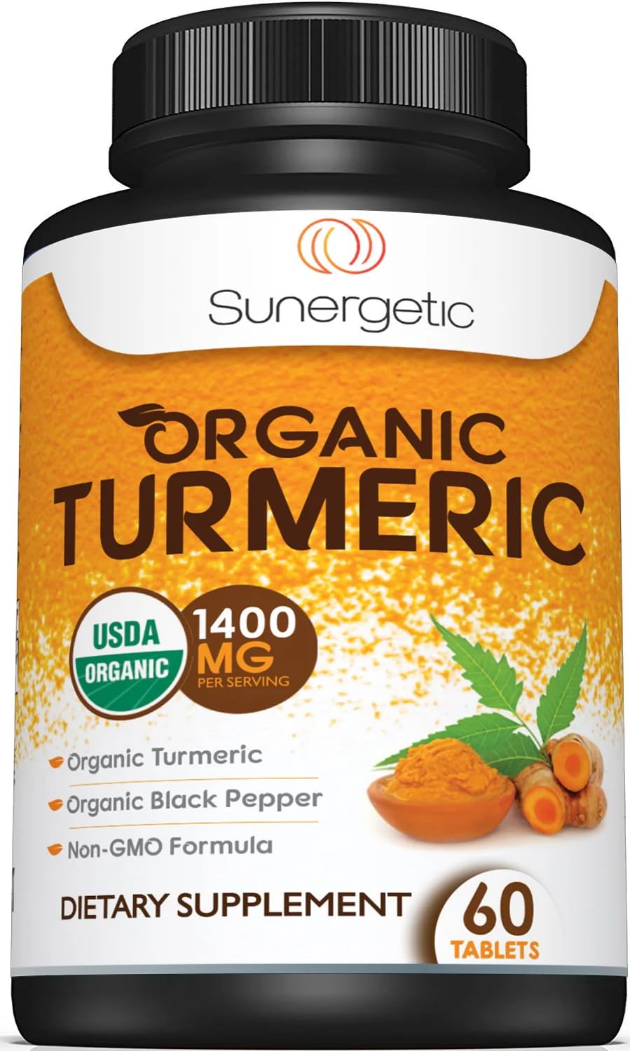 Bottle front view of USDA Organic Turmeric Supplement with Black Pepper (1,400mg per serving, 60 count)