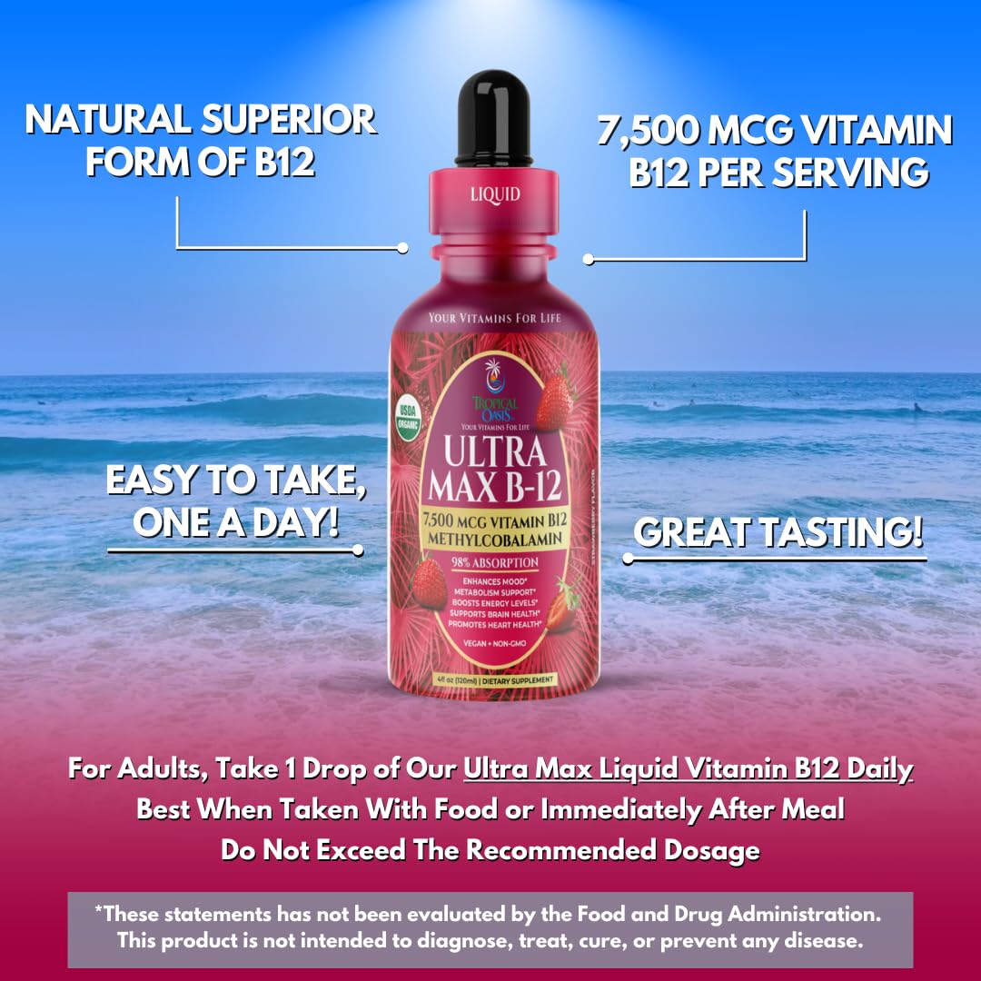 Nutrition information and organic seal on Ultra Max B12 container