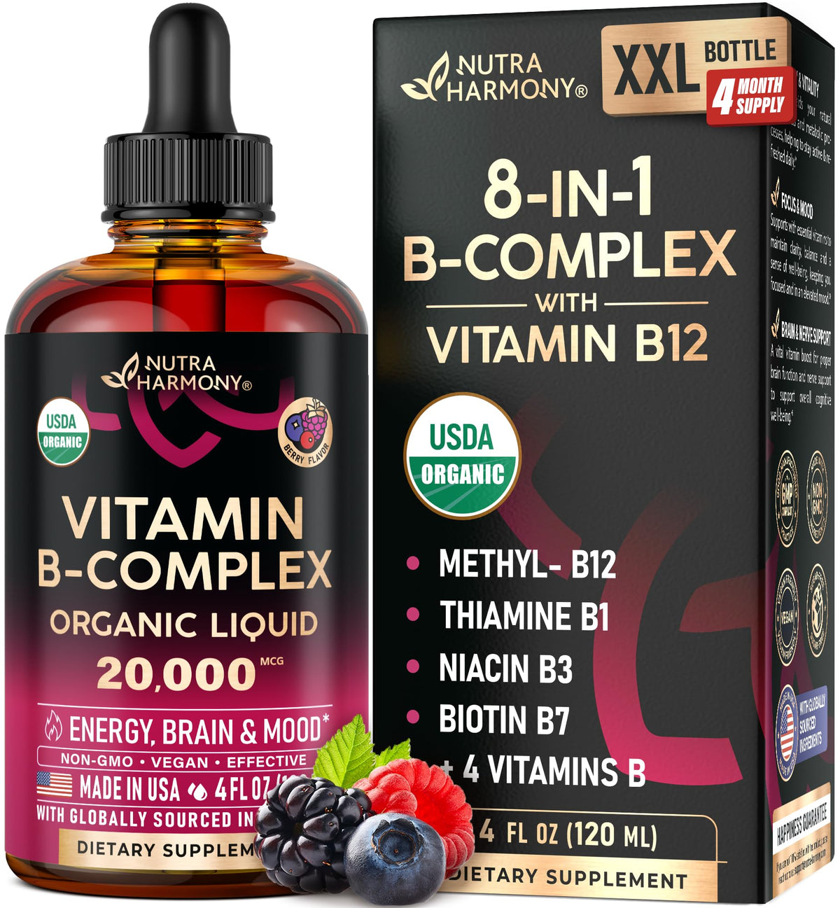 USDA Organic Vitamin B-Complex liquid drops bottle 4 oz