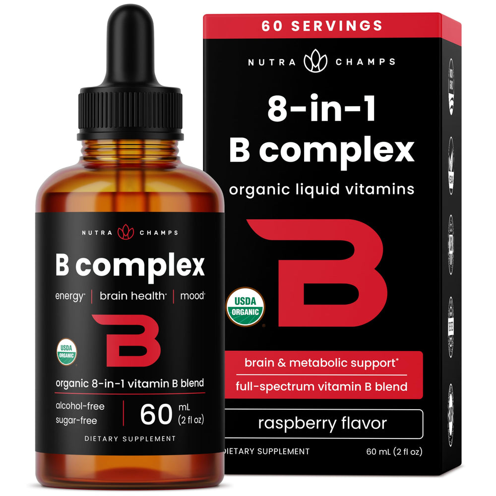 USDA Organic Vitamin B Complex Liquid Drops bottle with berry flavor, 2oz