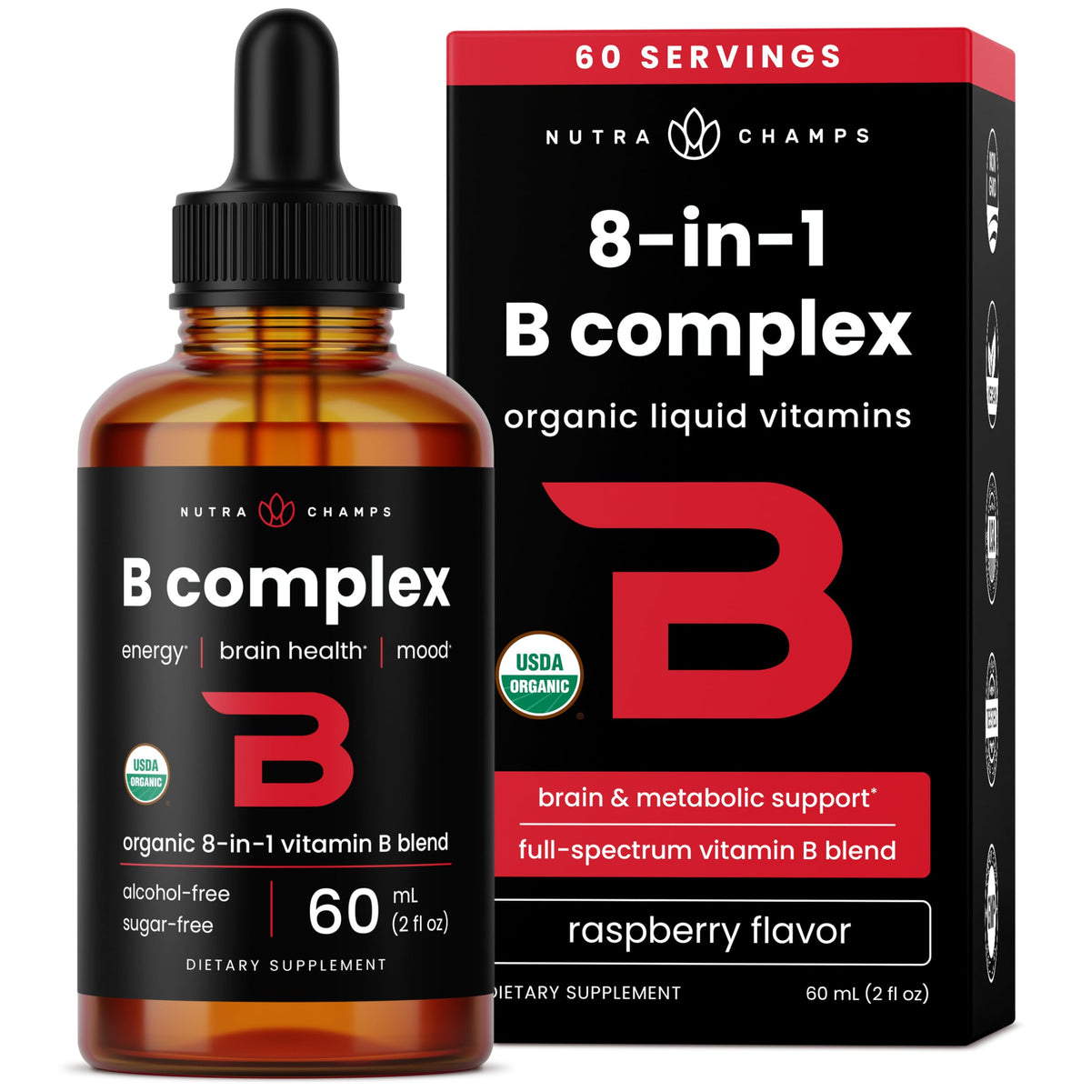 USDA Organic Vitamin B Complex Liquid Drops bottle with berry flavor, 2oz