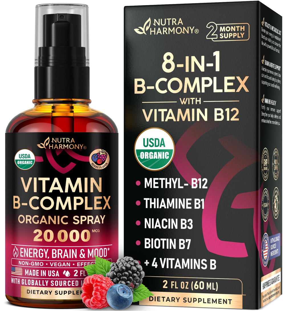 USDA Organic Vitamin B-Complex Liquid Spray bottle with 8-in-1 formula