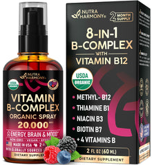 USDA Organic Vitamin B-Complex Liquid Spray bottle with 8-in-1 formula