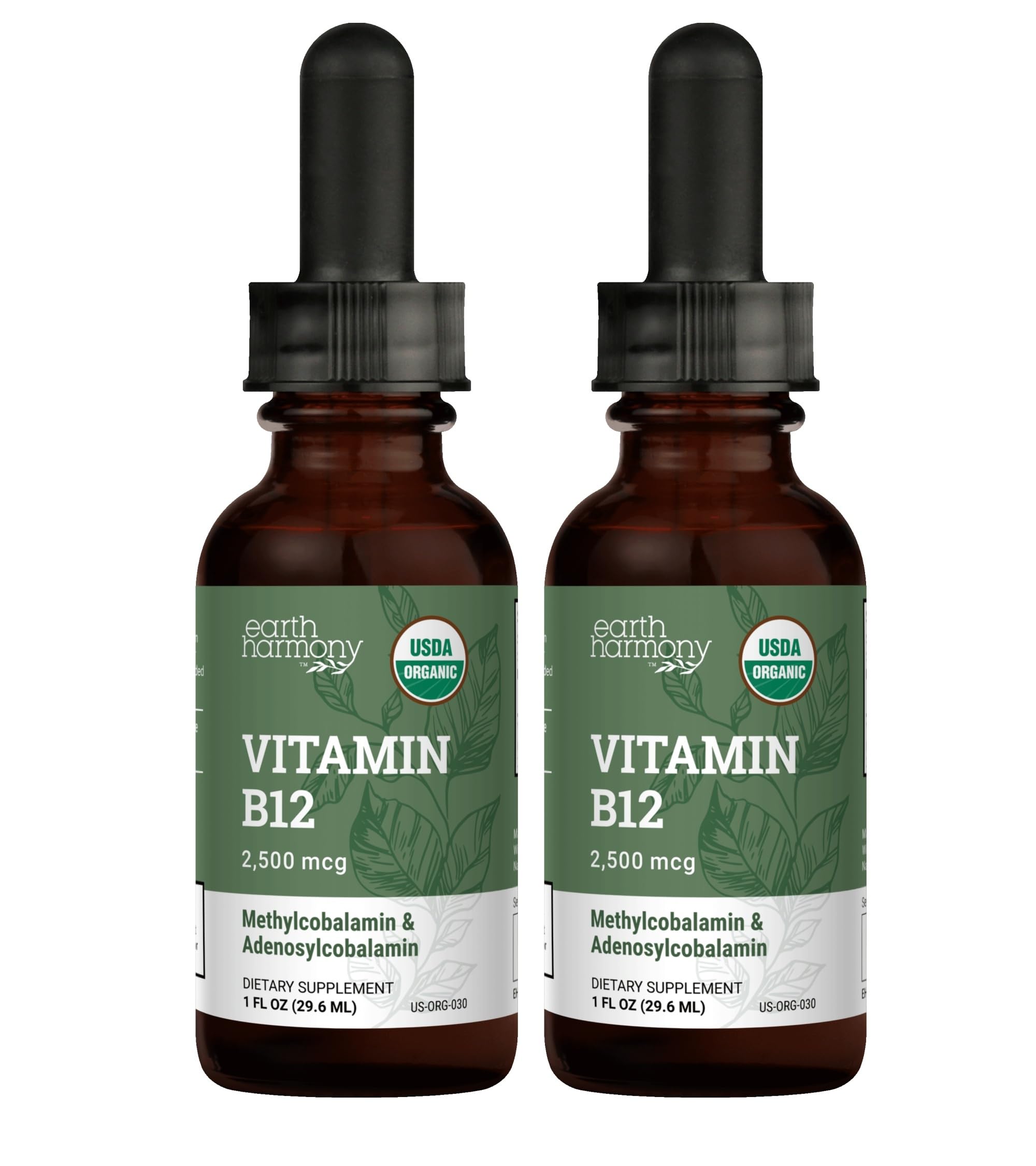Front view of USDA Organic Vitamin B12 liquid drops 2000mcg 2-pack 1 oz