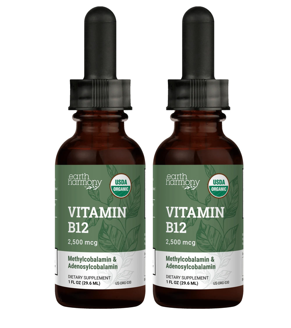 Front view of USDA Organic Vitamin B12 liquid drops 2000mcg 2-pack 1 oz