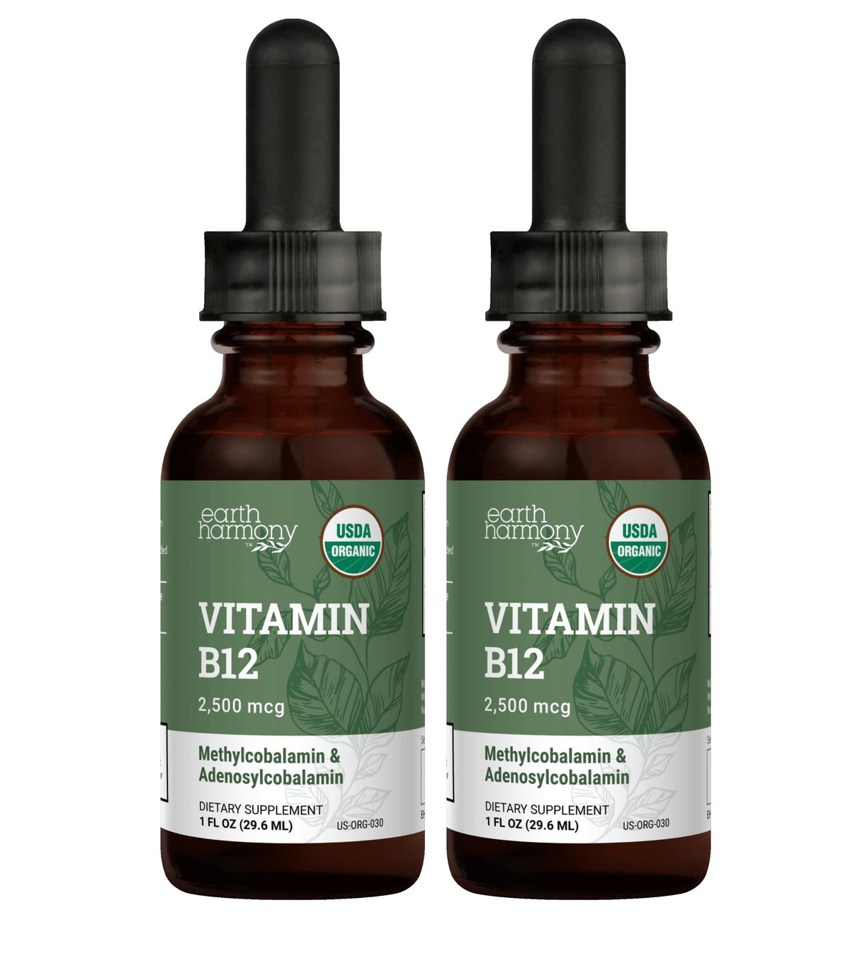 Front view of USDA Organic Vitamin B12 liquid drops 2000mcg 2-pack 1 oz