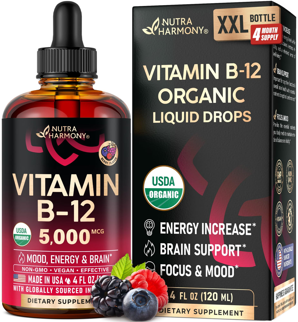 USDA Organic Vitamin B12 Drops berry flavor bottle front 5000mcg 4oz