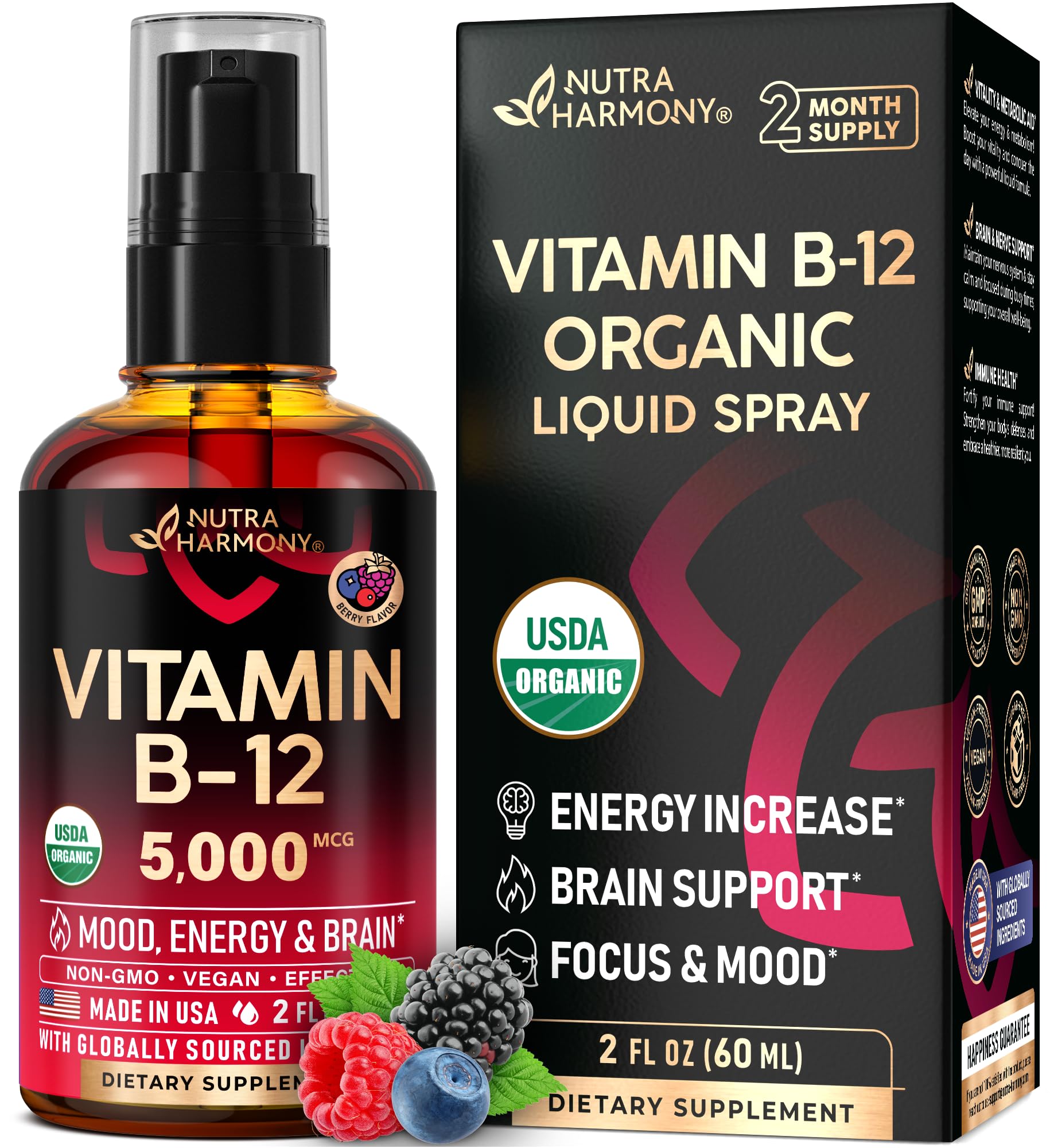 USDA Organic Vitamin B12 Sublingual Spray bottle with 5000 mcg label