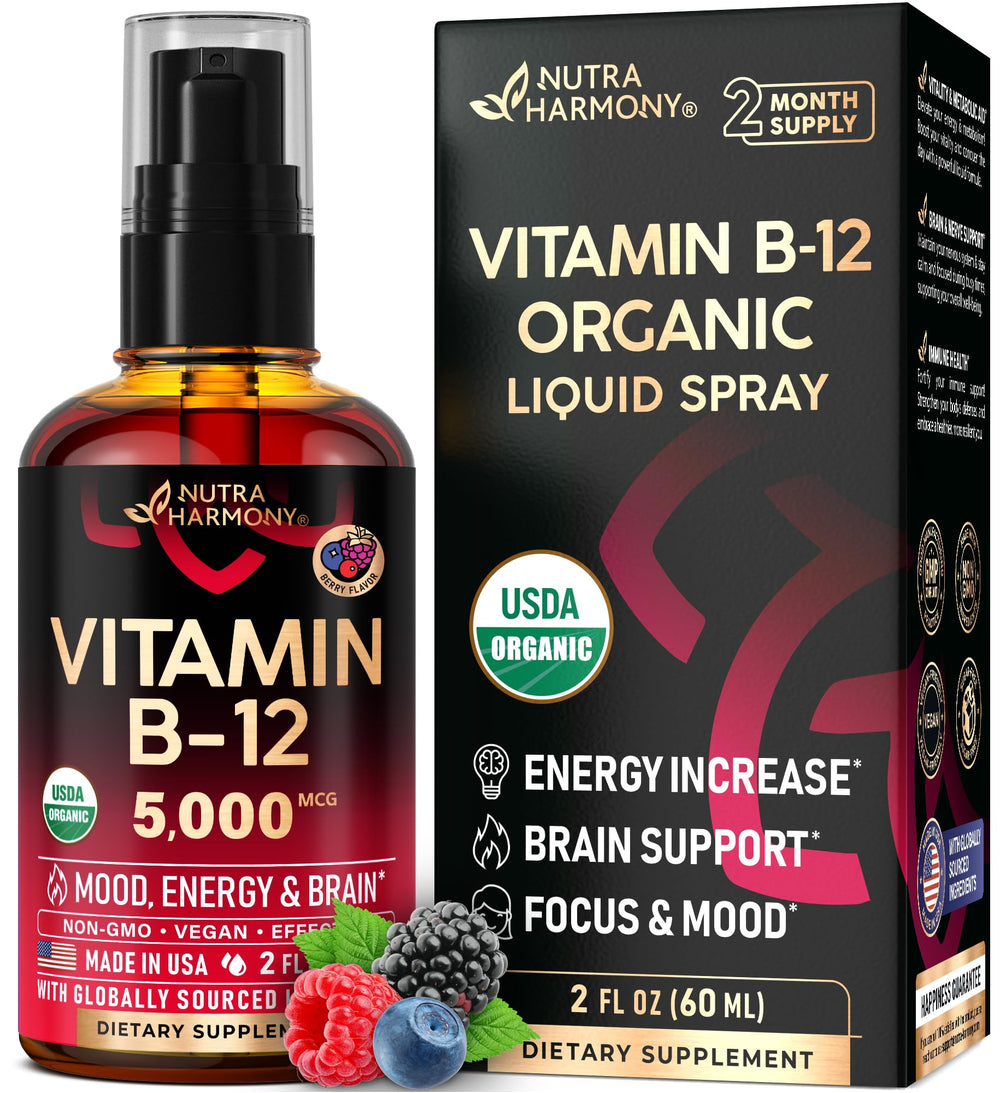 USDA Organic Vitamin B12 Sublingual Spray bottle with 5000 mcg label