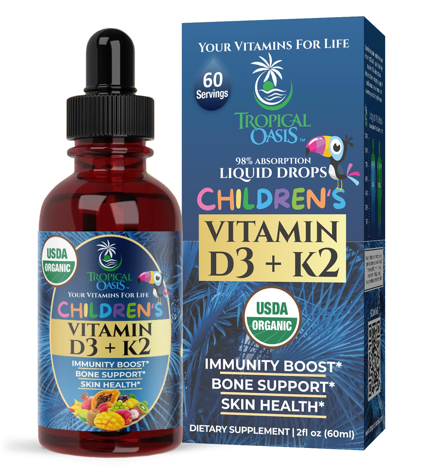 USDA Organic Vitamin D3 K2 Drops bottle for kids 2oz