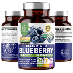 Bottle of USDA Organic Wild Blueberry Extract 10:1 Concentrate, 120 vegan capsules