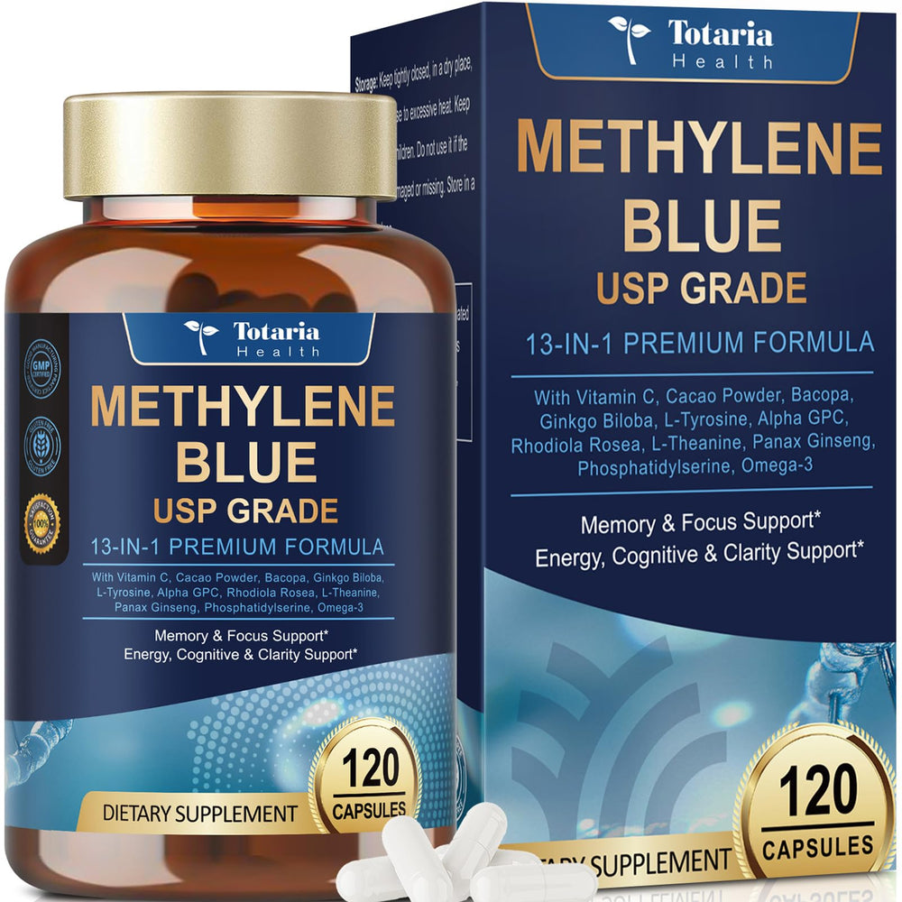 Bottle of USP-grade methylene blue 13-in-1 brain formula