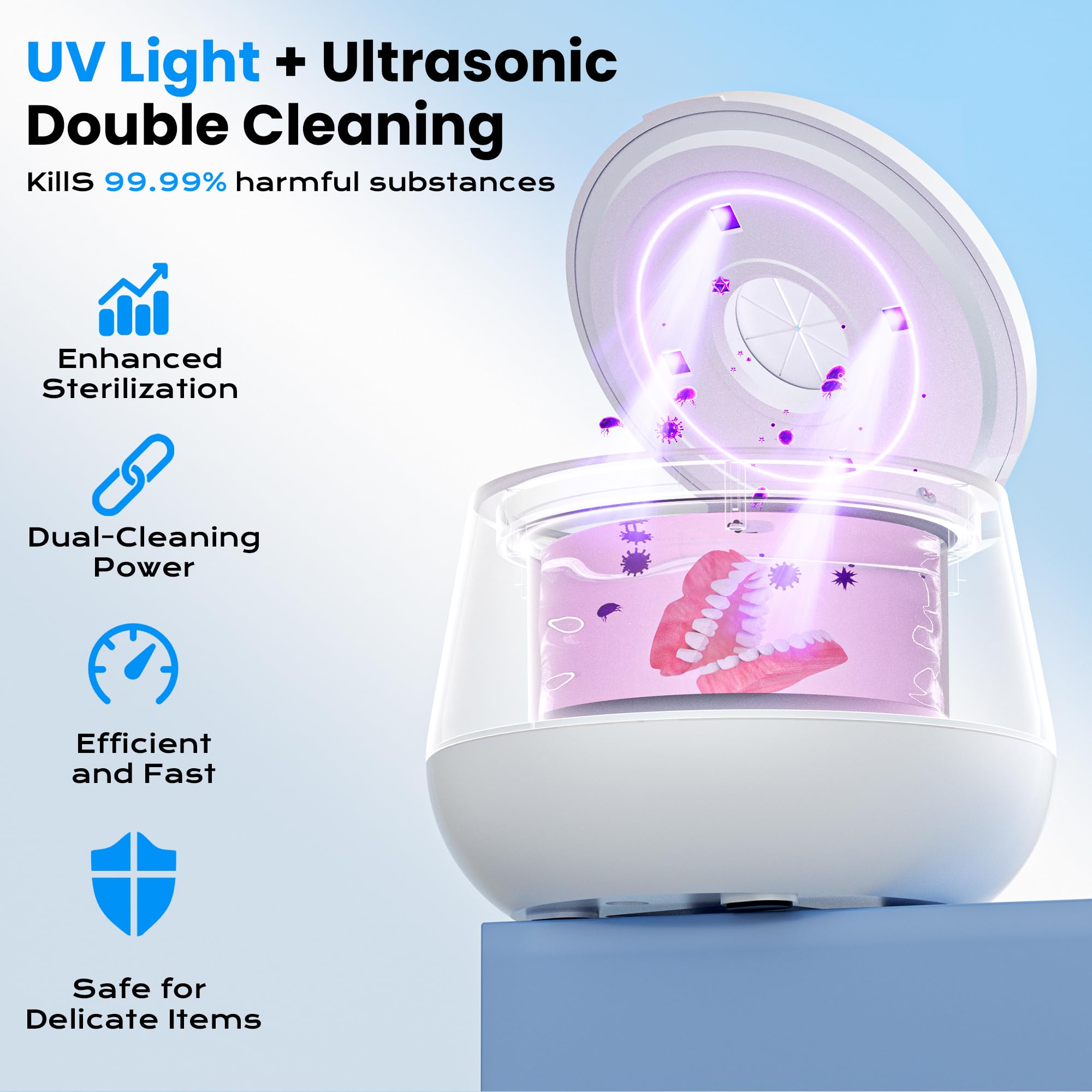 Interior view showing four UV lights for deep cleaning