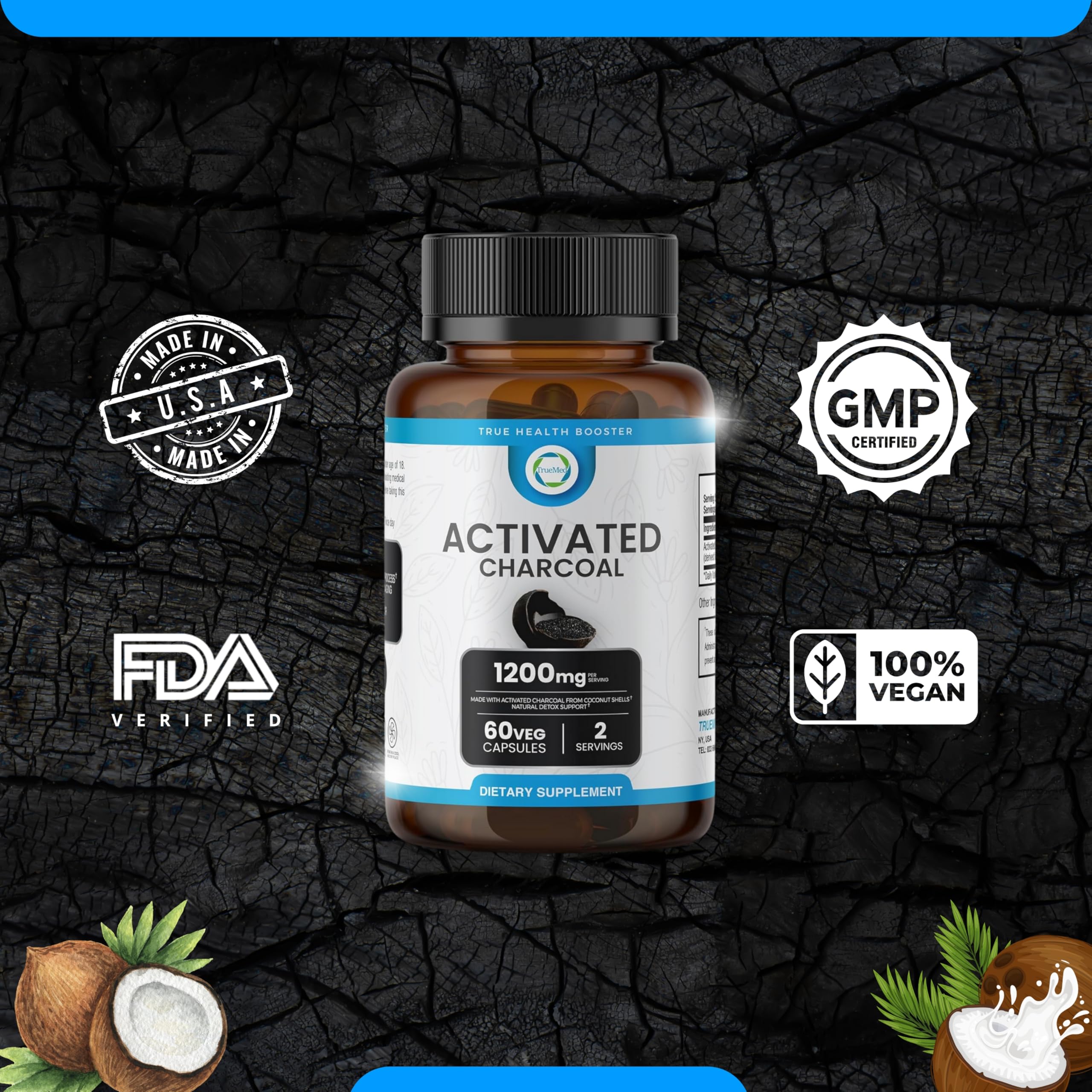 UV-protected bottle for 30-day supply of charcoal capsules