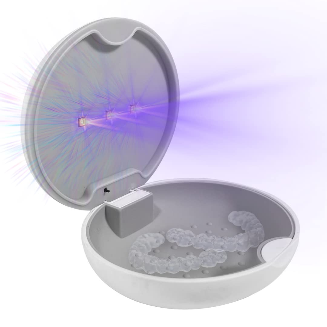 UVC Retainer Case White with lid closed and LED indicators