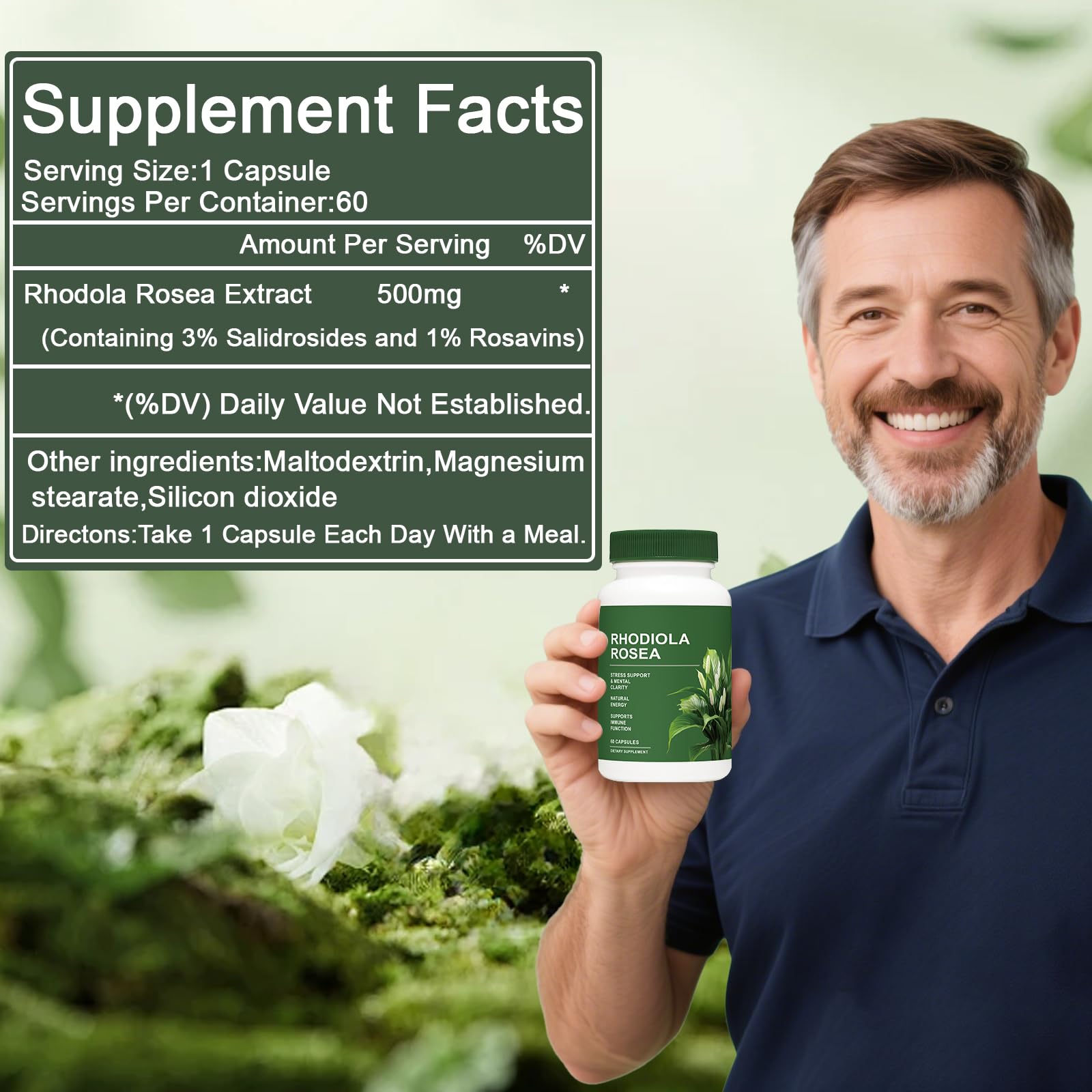 Close-up of Rhodiola Rosea root extract capsules