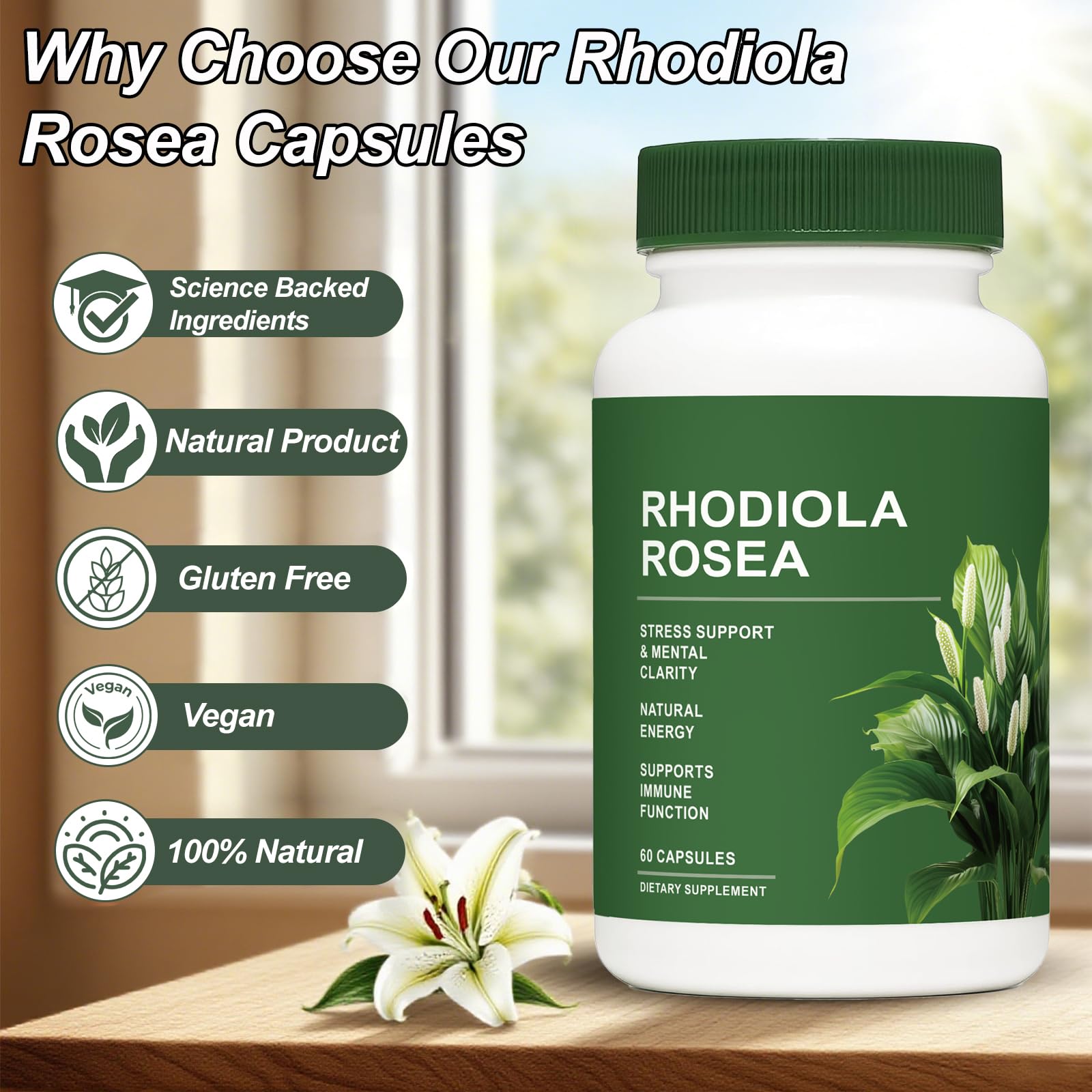 Vegan, gluten-free label on Rhodiola Rosea supplement bottle