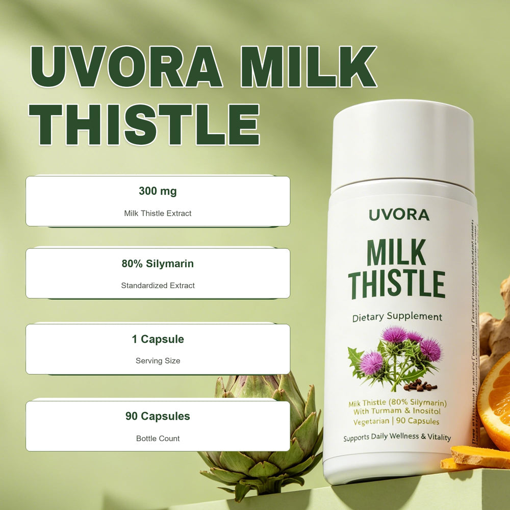 UVORA Milk Thistle capsule close-up showing vegetable capsule texture and easy swallowing
