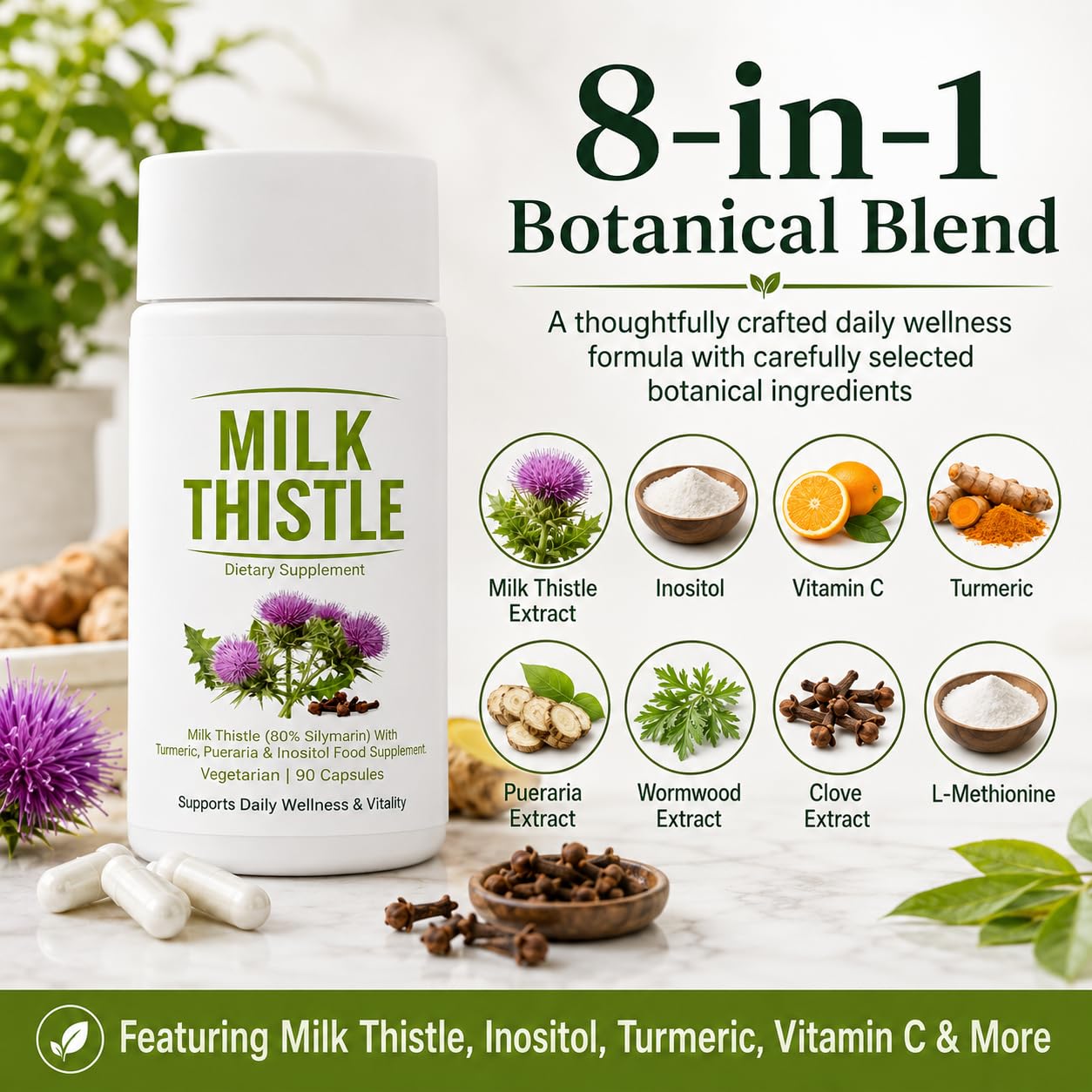 UVORA Milk Thistle powder texture and botanicals suggesting natural ingredients and purity
