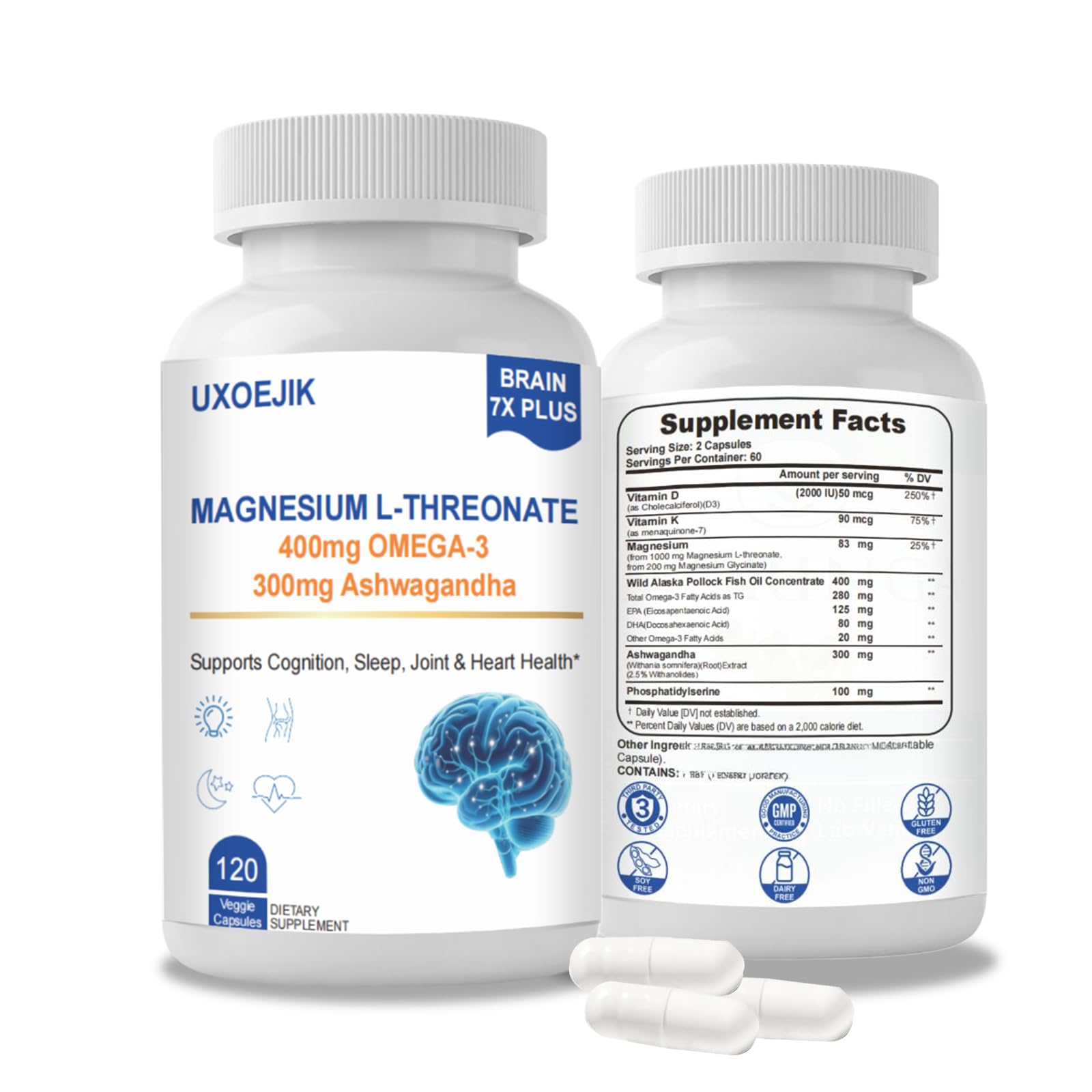 Bottle of UXOEJIK Magnesium L-Threonate 2000mg with D, K2, Fish Oil & Ashwagandha