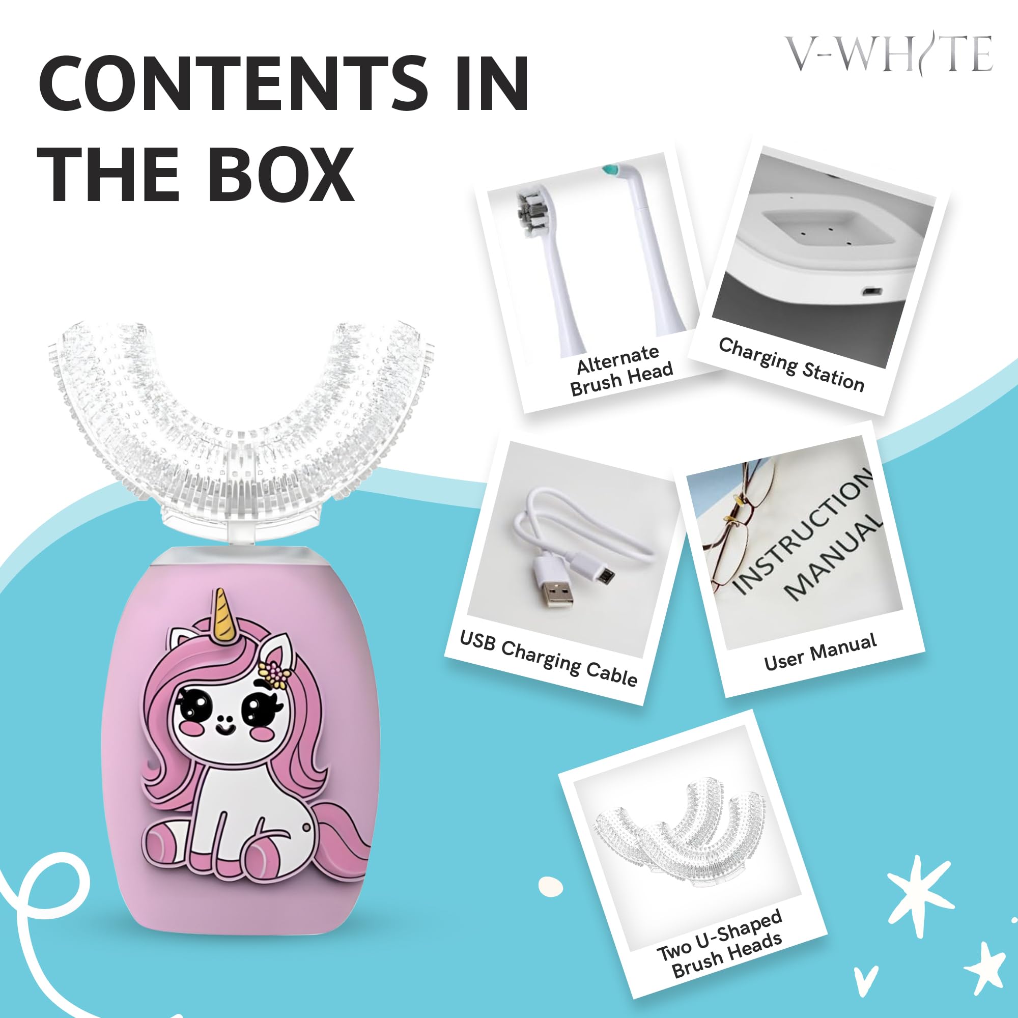 Box contents: toothbrush handle, silicone brush heads, charging dock, manual