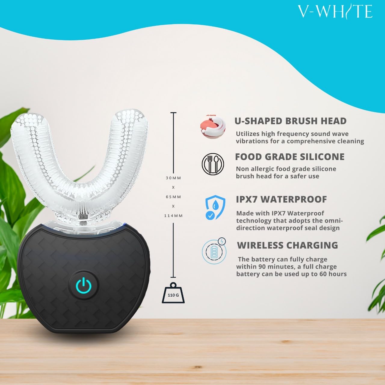 V-WHITE toothbrush illustrating 360° cleaning