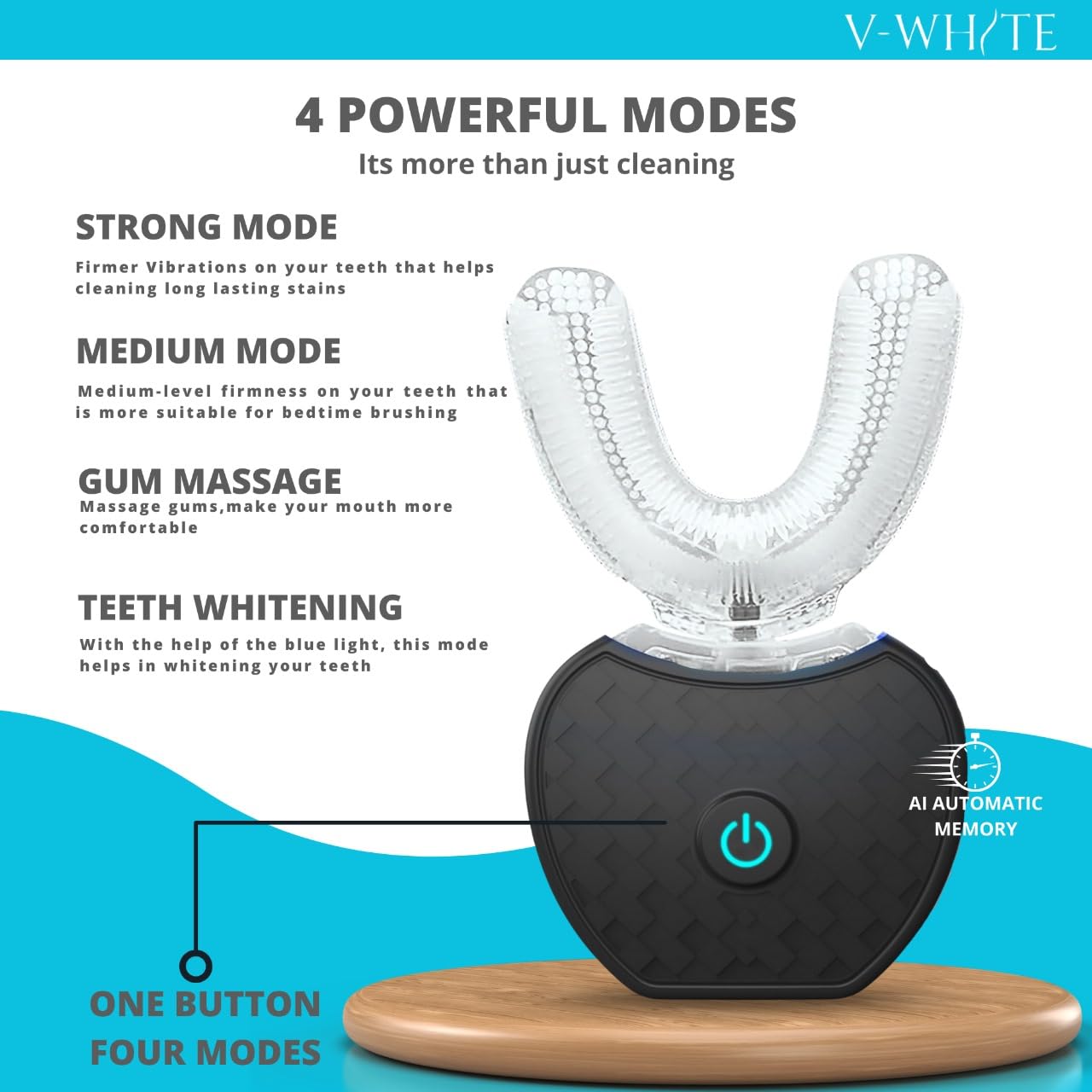 LED whitening light therapy on V-WHITE toothbrush
