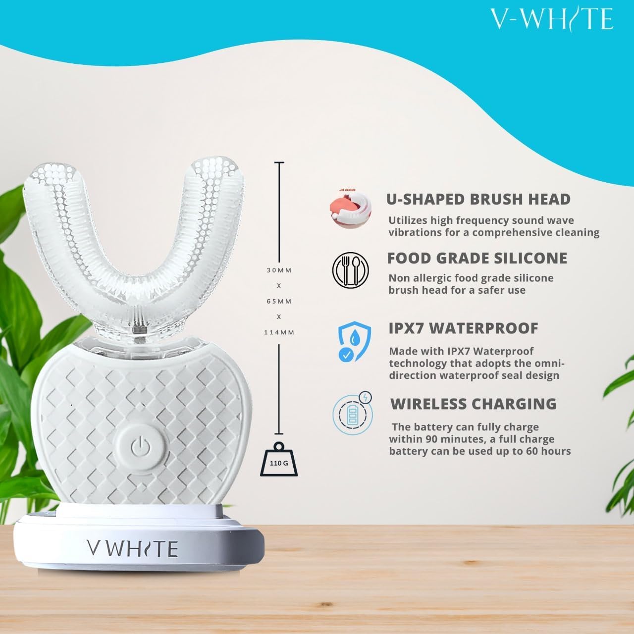 Box contents: toothbrush handle, silicone head, wireless charging dock, regular head, instruction manual