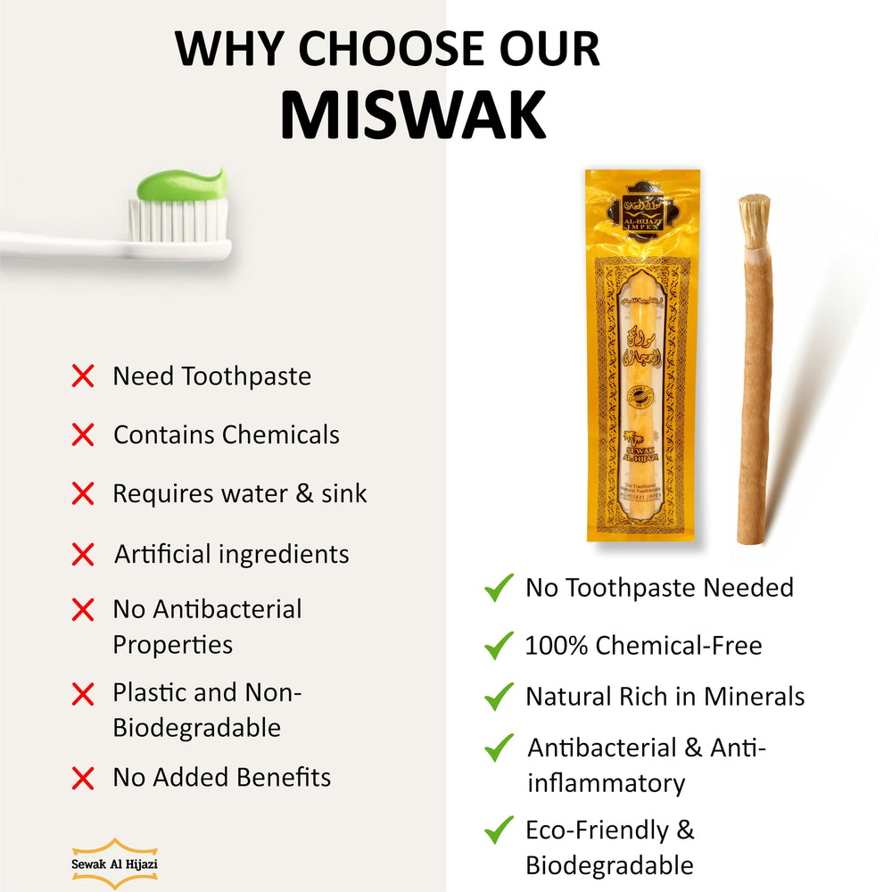 Vacuum-sealed Sewak Al Hijazi Miswak sticks for freshness