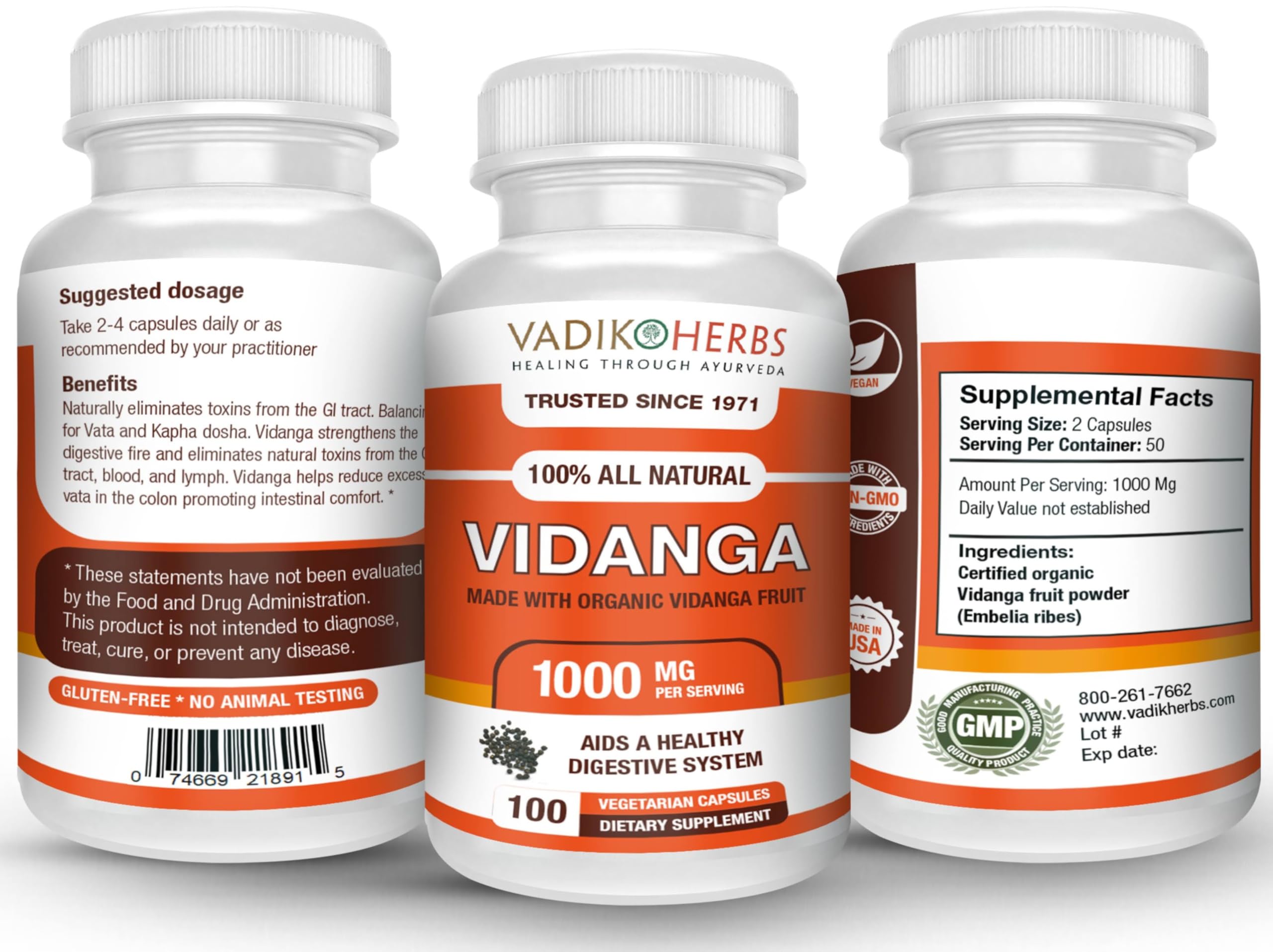 Two bottles of Vidanga Embelia ribes capsules