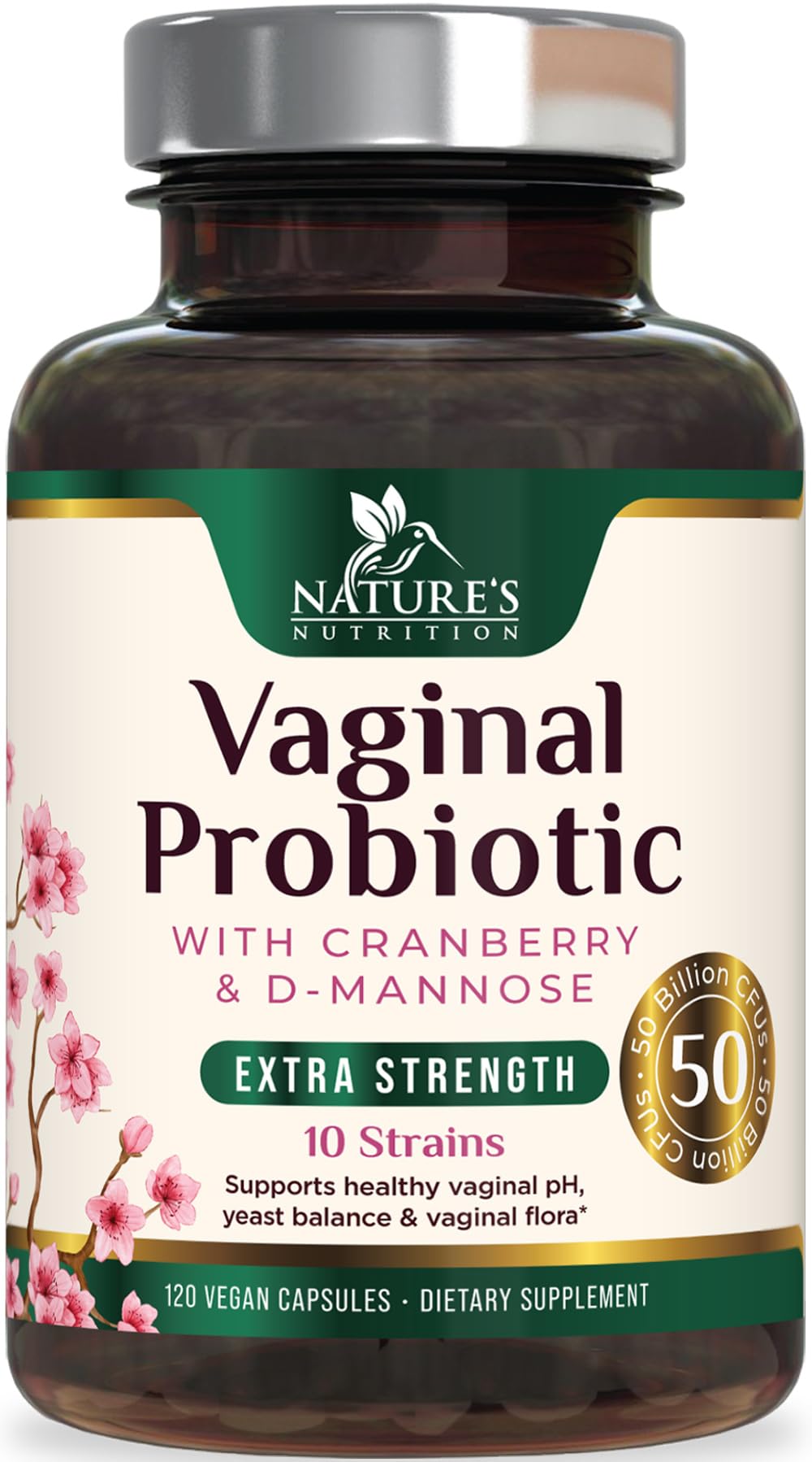 Vaginal Probiotics bottle displaying 50 Billion CFU and 10 strains