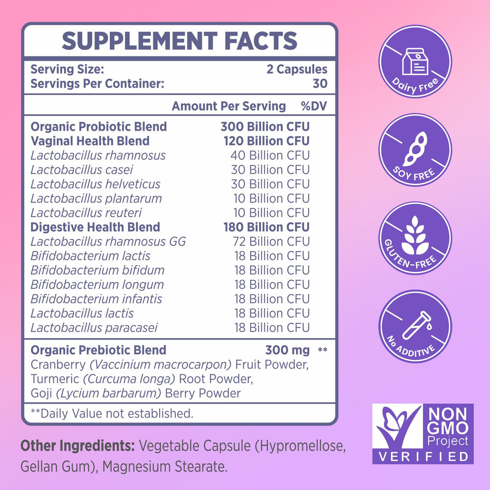 Vaginal probiotics bottle with 60 capsules on white background