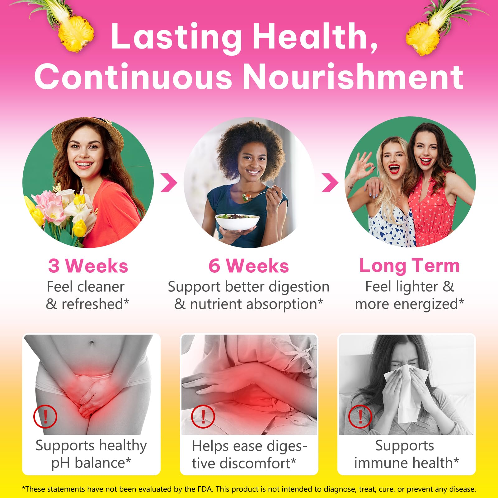 Pineapple-flavored Vaginal Probiotics gummies on white background