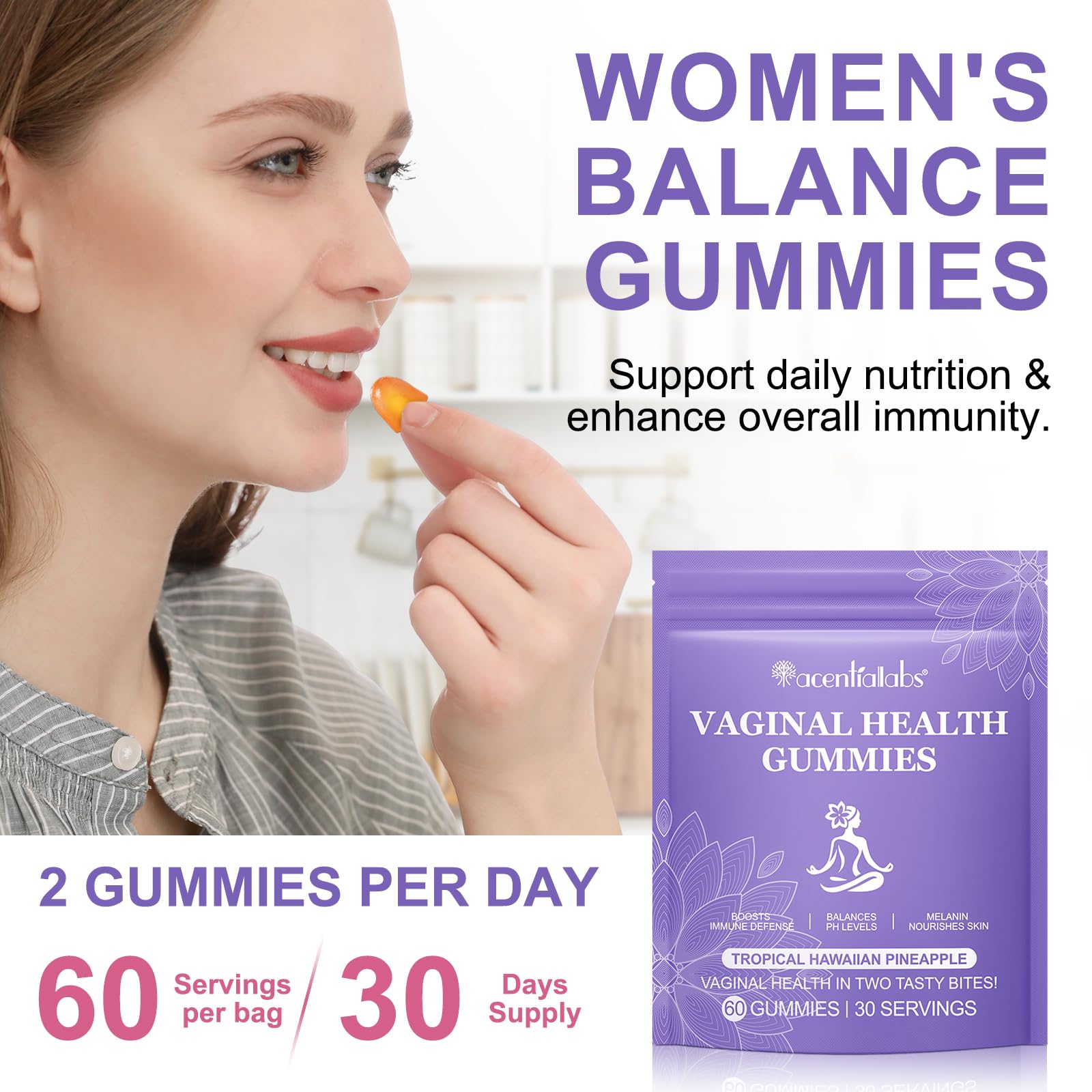 Gummies representing vegan and clean formula for women