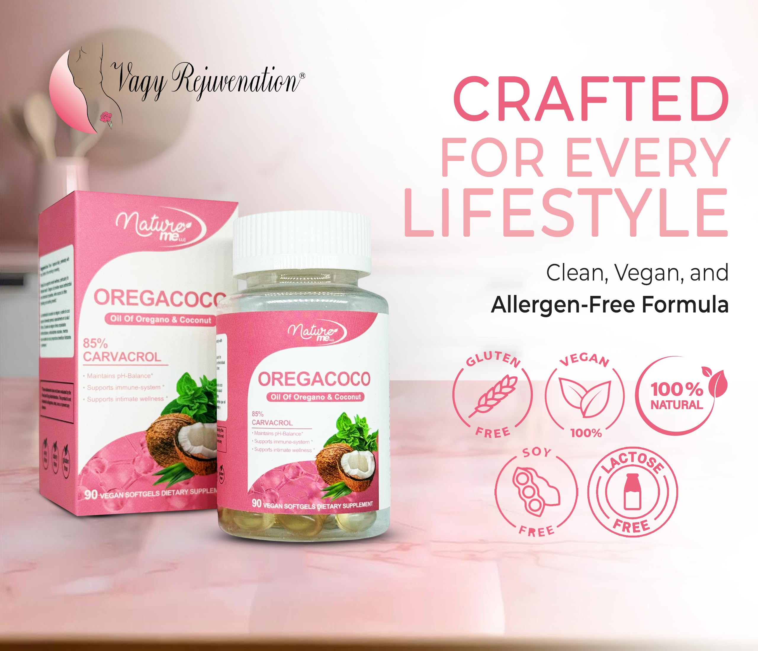 Vegan, gluten-free, and soy-free icons on OregaCoco packaging