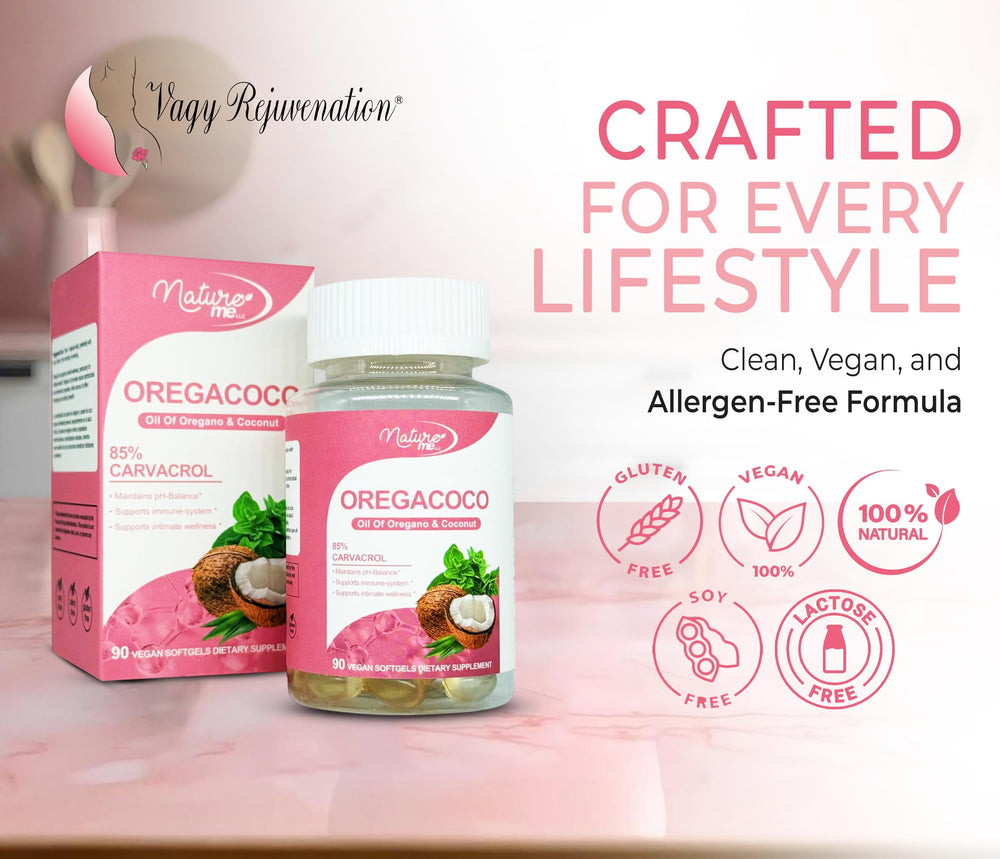Vegan, gluten-free, and soy-free icons on OregaCoco packaging