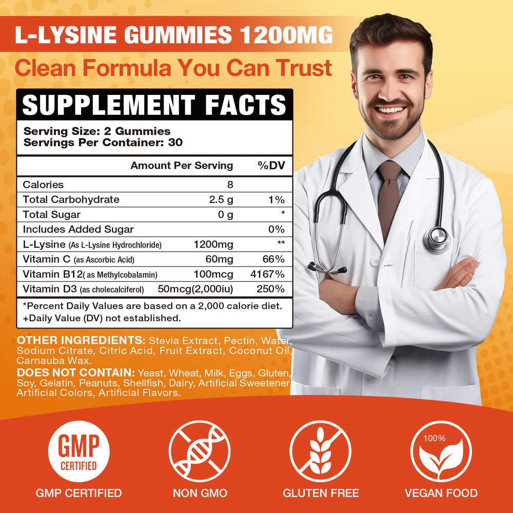 Product label showing L-Lysine Gummies features