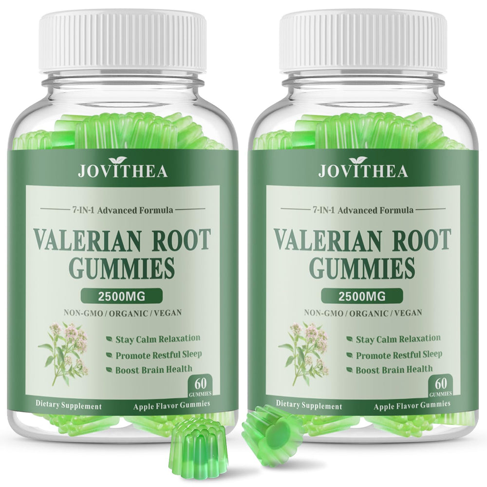 Two bottles of 2-pack Organic Valerian Root Gummies with Apple flavor on a clean background
