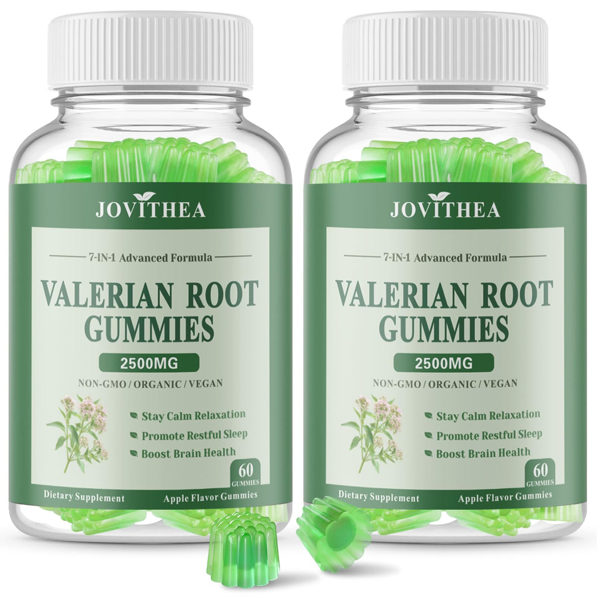 Two bottles of 2-pack Organic Valerian Root Gummies with Apple flavor on a clean background