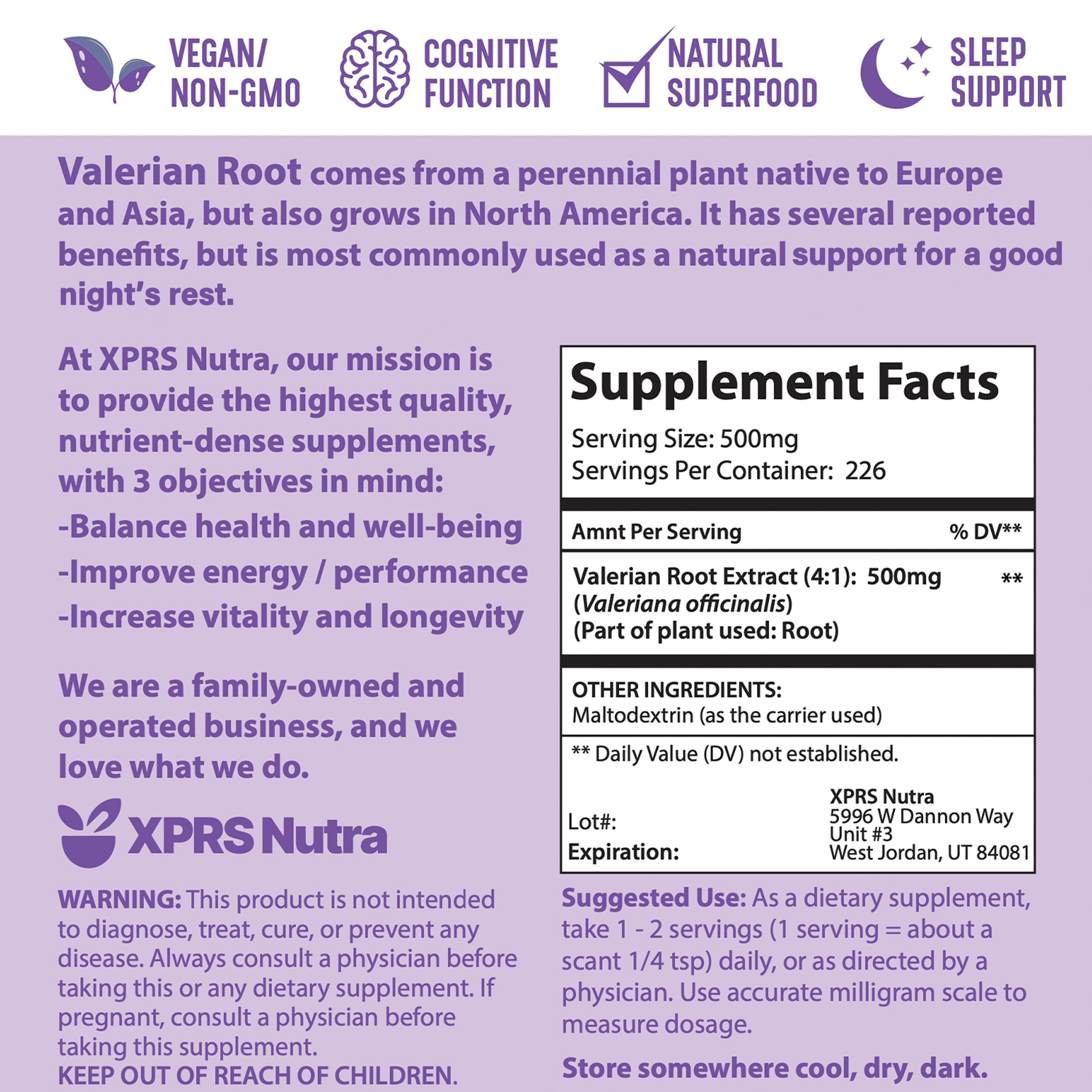 Packaging and ingredients of XPRS Nutra valerian root powder
