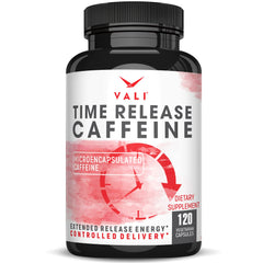 VALI Time Release Caffeine Capsules bottle offers steady energy and focus.