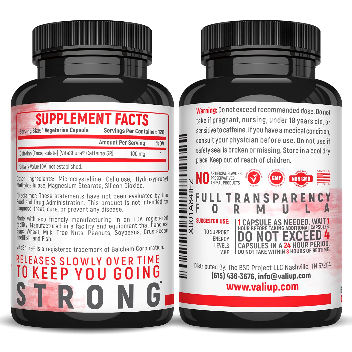 VALI Time Release Caffeine Capsules ingredient list highlights clean, transparent formula.