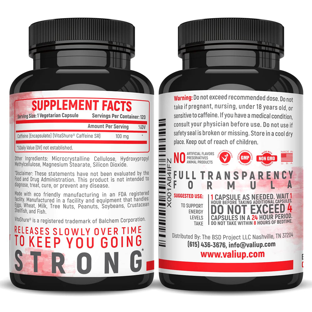 VALI Time Release Caffeine Capsules ingredient list highlights clean, transparent formula.