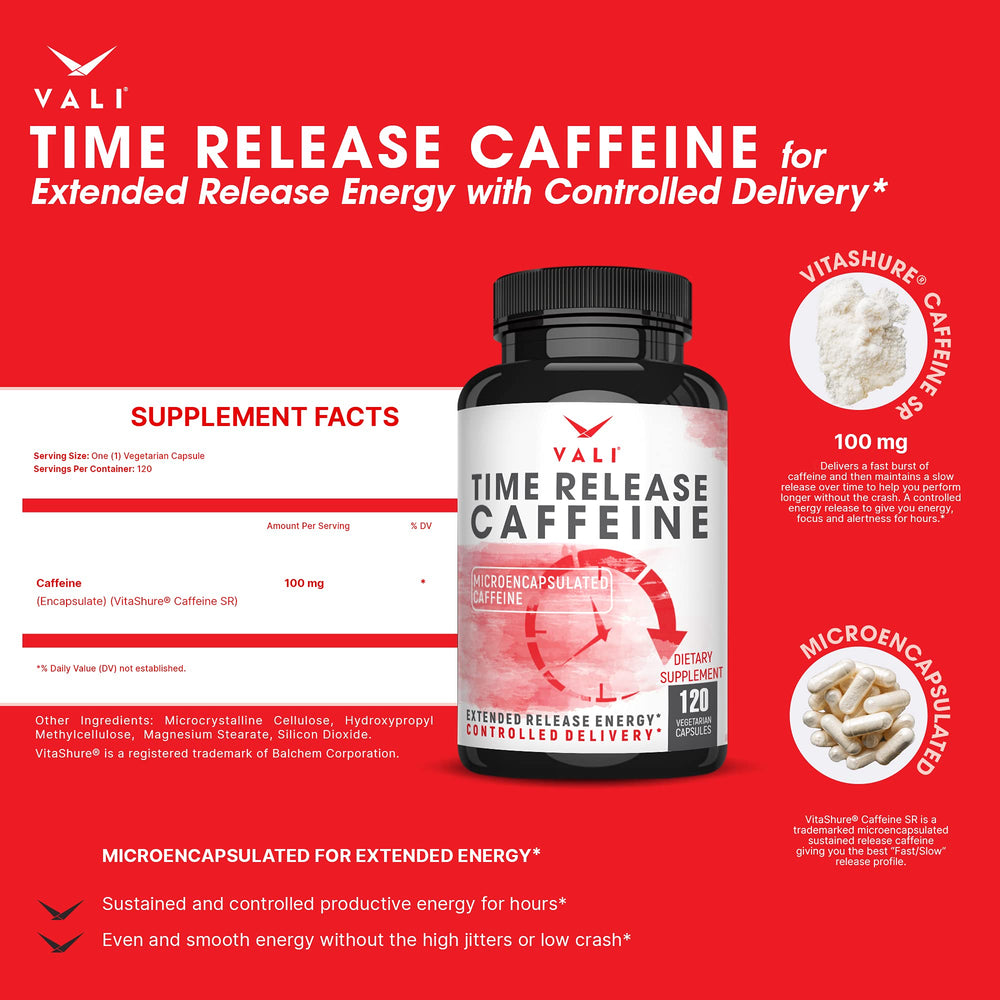 VALI Time Release Caffeine Capsules label close-up confirms 100 mg dose for reliable dosing.