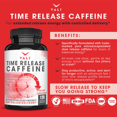 VALI Time Release Caffeine Capsules packaging front reveals vegan, non-GMO formula.