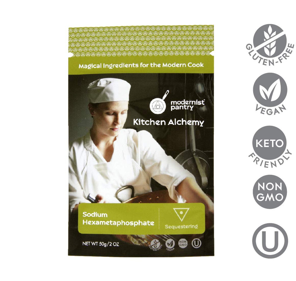 Sodium Citrate and Sodium Hexametaphosphate powder scoops on white background