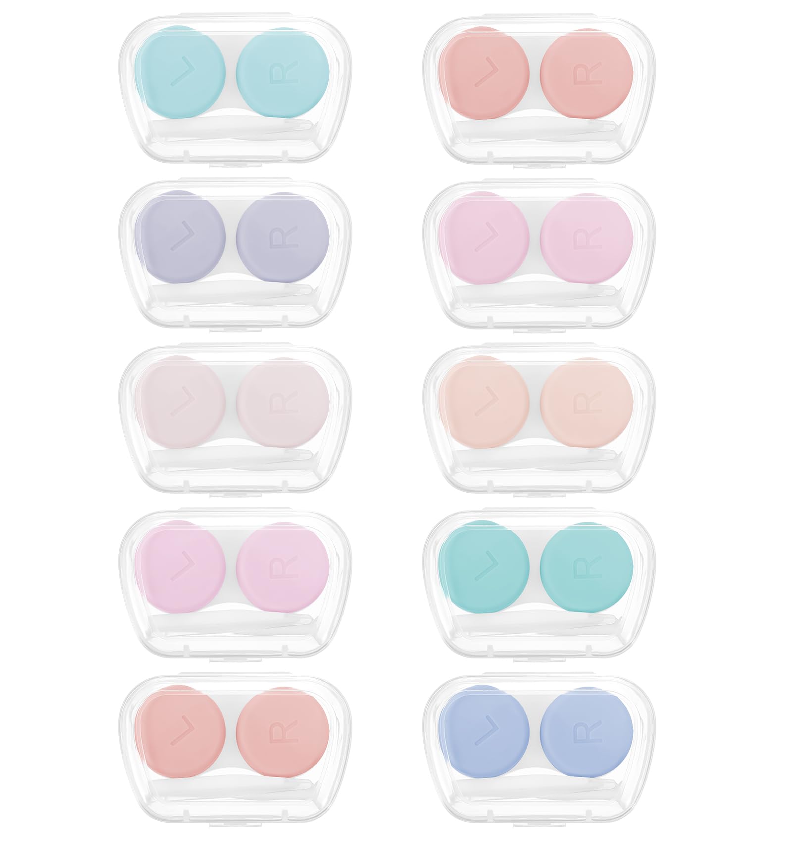 Ten colorful contact lens cases with a tweezer and applicator tool for travel